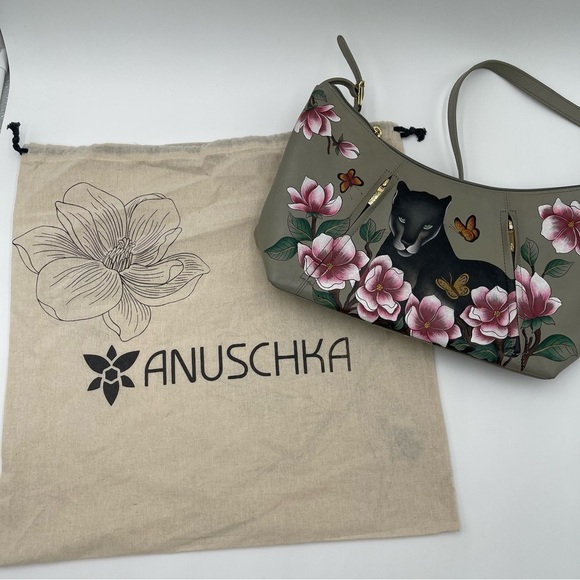 Anuschka Garden Panther Hand-Painted Leather Hobo Purse Dual Zip New - Picture 13 of 13